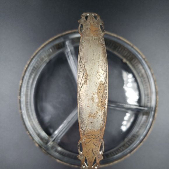 Art Nouveau Divided Glass Bowl with Distressed Silver Plate Holder Candy Snacks - Picture 7 of 16